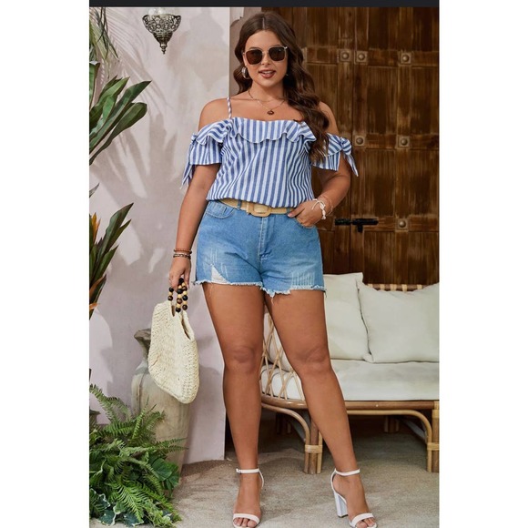 Shein Curvy‎ Ruffled Cold Shoulder Green & White Striped Off Shoulder Top - Picture 2 of 5